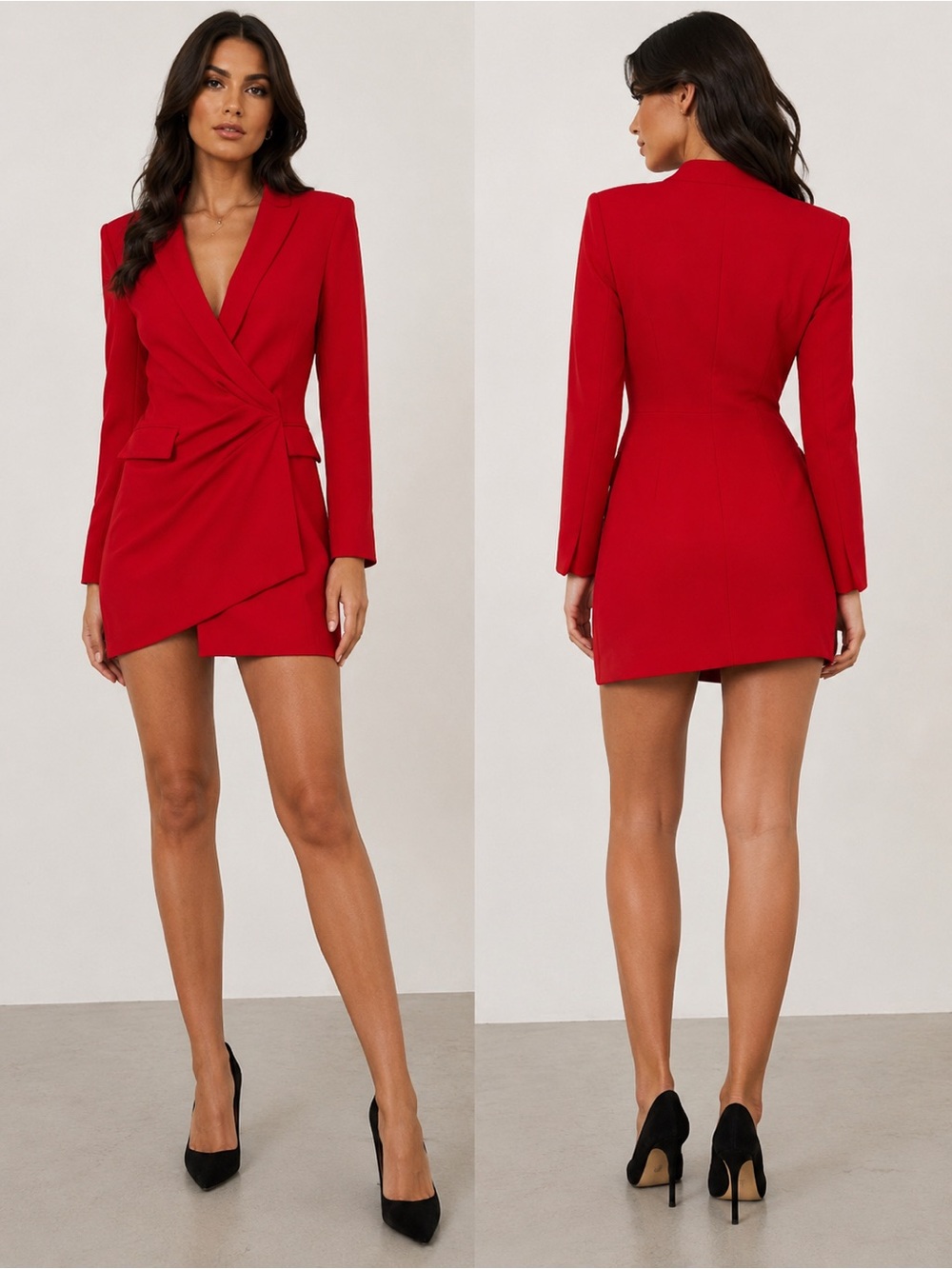 ZARA Vibrant Red Draped Long-Sleeve Wrap Blazer Dress